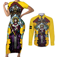 Welsh Dewi Sant Couples Matching Short Sleeve Bodycon Dress and Long Sleeve Button Shirt Saint David With Daffodil