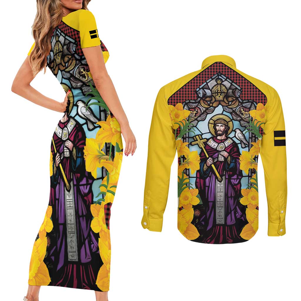 Welsh Dewi Sant Couples Matching Short Sleeve Bodycon Dress and Long Sleeve Button Shirt Saint David With Daffodil