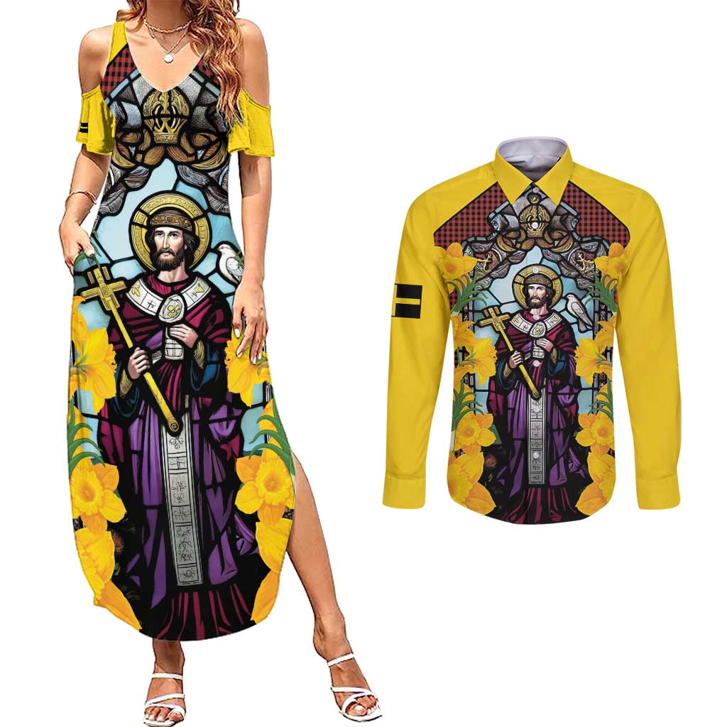 Welsh Dewi Sant Couples Matching Summer Maxi Dress and Long Sleeve Button Shirt Saint David With Daffodil