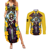 Welsh Dewi Sant Couples Matching Summer Maxi Dress and Long Sleeve Button Shirt Saint David With Daffodil
