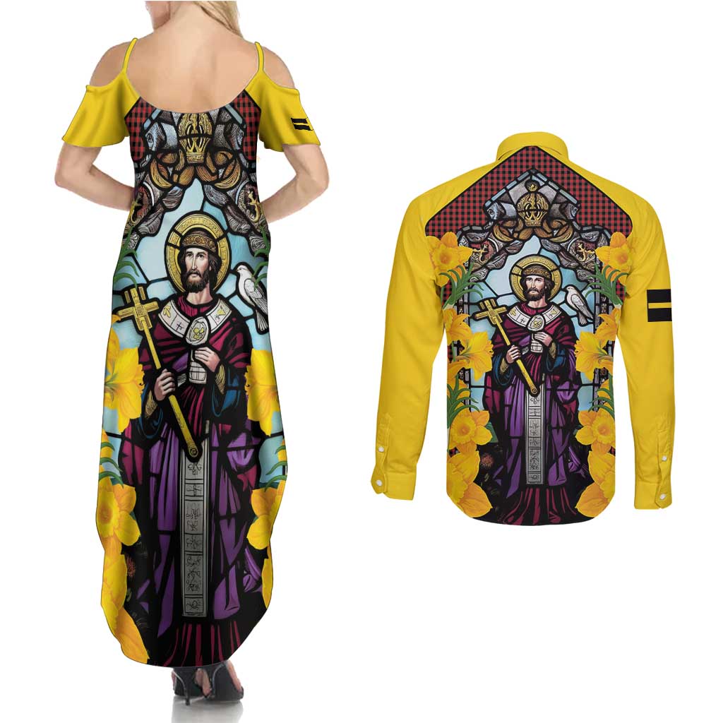 Welsh Dewi Sant Couples Matching Summer Maxi Dress and Long Sleeve Button Shirt Saint David With Daffodil