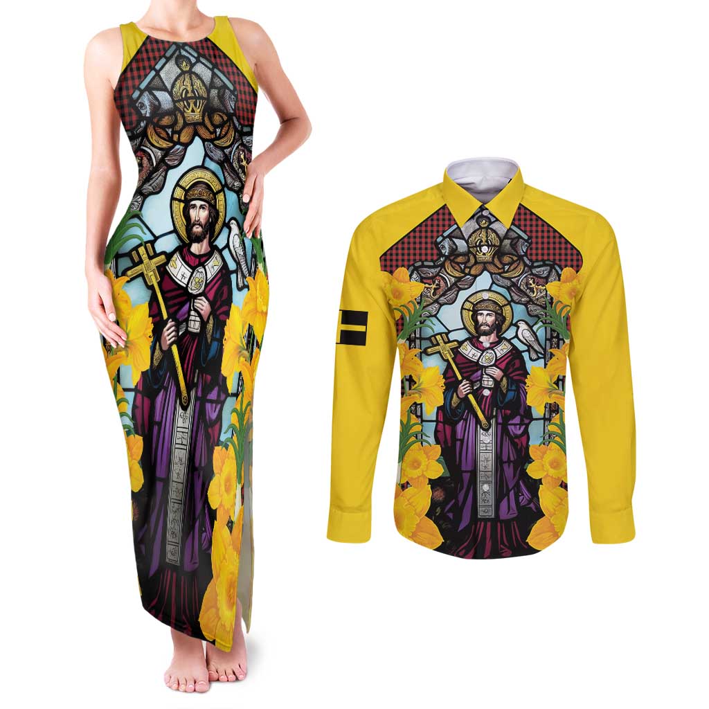 Welsh Dewi Sant Couples Matching Tank Maxi Dress and Long Sleeve Button Shirt Saint David With Daffodil