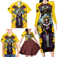 Welsh Dewi Sant Family Matching Long Sleeve Bodycon Dress and Hawaiian Shirt Saint David With Daffodil