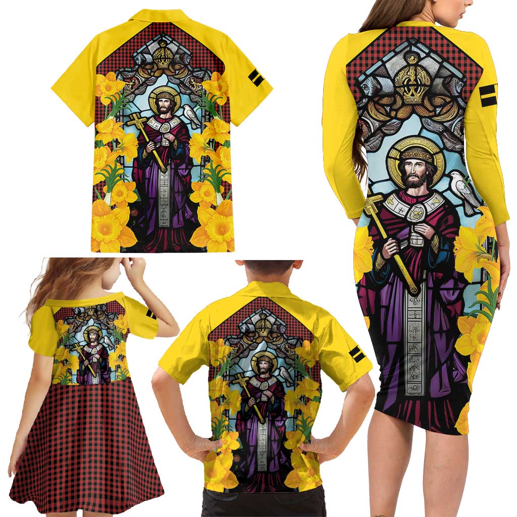 Welsh Dewi Sant Family Matching Long Sleeve Bodycon Dress and Hawaiian Shirt Saint David With Daffodil