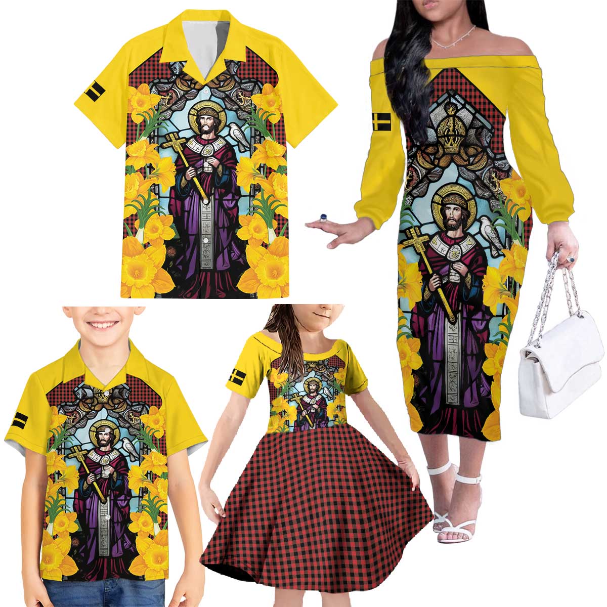 Welsh Dewi Sant Family Matching Off The Shoulder Long Sleeve Dress and Hawaiian Shirt Saint David With Daffodil