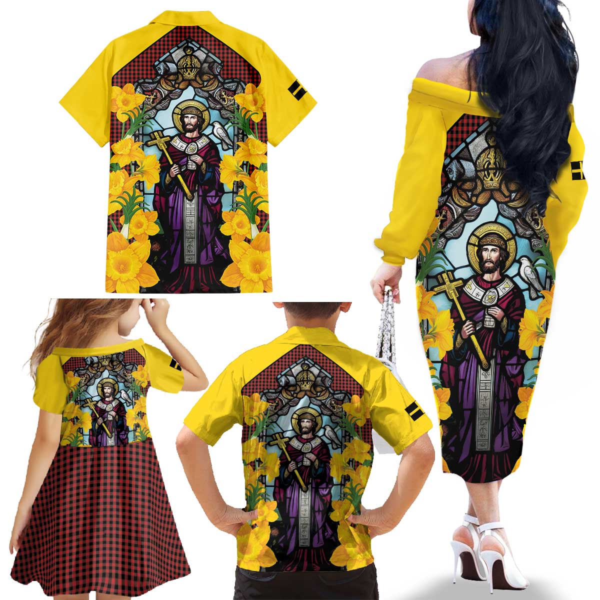 Welsh Dewi Sant Family Matching Off The Shoulder Long Sleeve Dress and Hawaiian Shirt Saint David With Daffodil