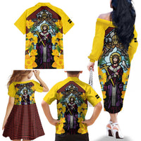 Welsh Dewi Sant Family Matching Off The Shoulder Long Sleeve Dress and Hawaiian Shirt Saint David With Daffodil