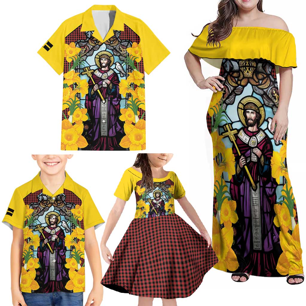 Welsh Dewi Sant Family Matching Off Shoulder Maxi Dress and Hawaiian Shirt Saint David With Daffodil