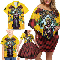 Welsh Dewi Sant Family Matching Off Shoulder Short Dress and Hawaiian Shirt Saint David With Daffodil