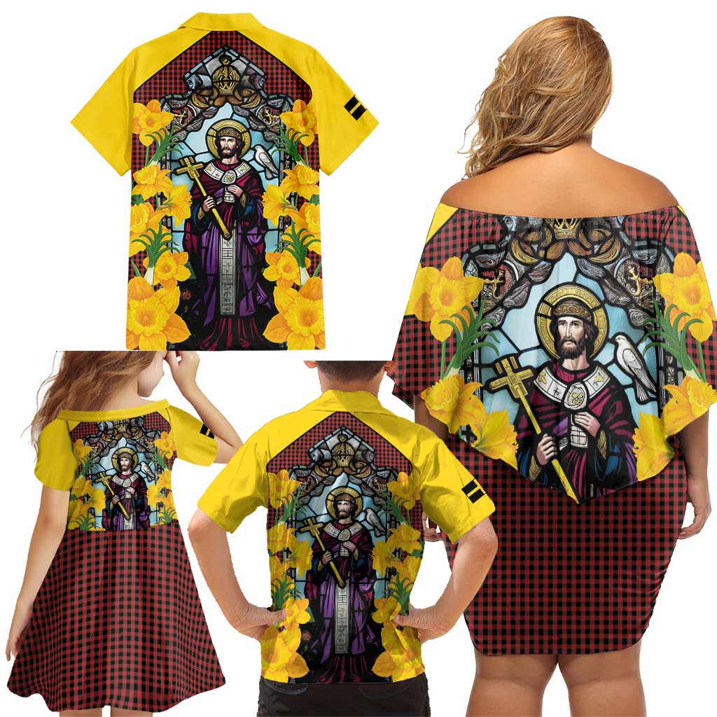 Welsh Dewi Sant Family Matching Off Shoulder Short Dress and Hawaiian Shirt Saint David With Daffodil