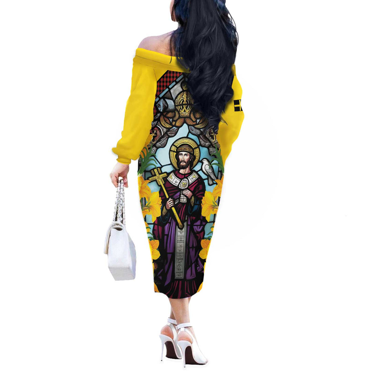 Welsh Dewi Sant Off The Shoulder Long Sleeve Dress Saint David With Daffodil