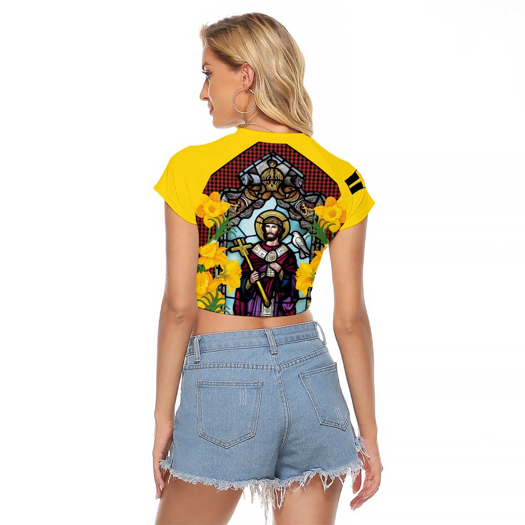 Welsh Dewi Sant Raglan Cropped T Shirt Saint David With Daffodil