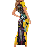 Welsh Dewi Sant Short Sleeve Bodycon Dress Saint David With Daffodil