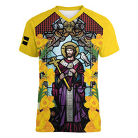 Welsh Dewi Sant Women V-Neck T-Shirt Saint David With Daffodil