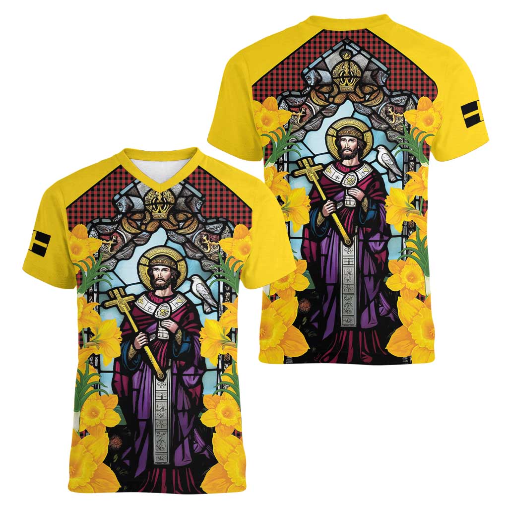 Welsh Dewi Sant Women V-Neck T-Shirt Saint David With Daffodil