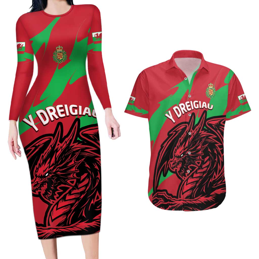 Custom Wales Football Couples Matching Long Sleeve Bodycon Dress and Hawaiian Shirt 2025 Welsh Y Dreigiau