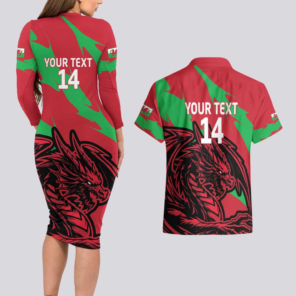 Custom Wales Football Couples Matching Long Sleeve Bodycon Dress and Hawaiian Shirt 2025 Welsh Y Dreigiau