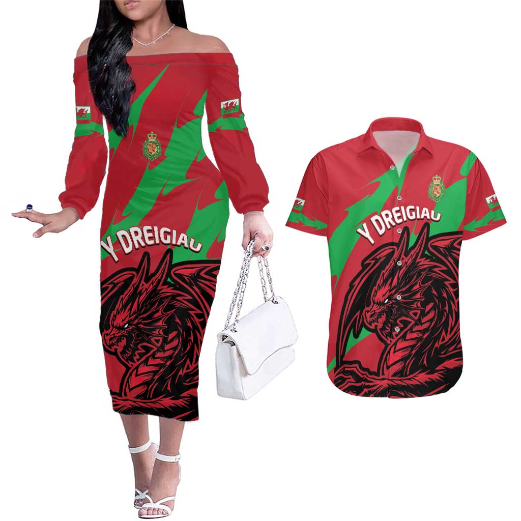 Custom Wales Football Couples Matching Off The Shoulder Long Sleeve Dress and Hawaiian Shirt 2025 Welsh Y Dreigiau