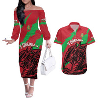 Custom Wales Football Couples Matching Off The Shoulder Long Sleeve Dress and Hawaiian Shirt 2025 Welsh Y Dreigiau