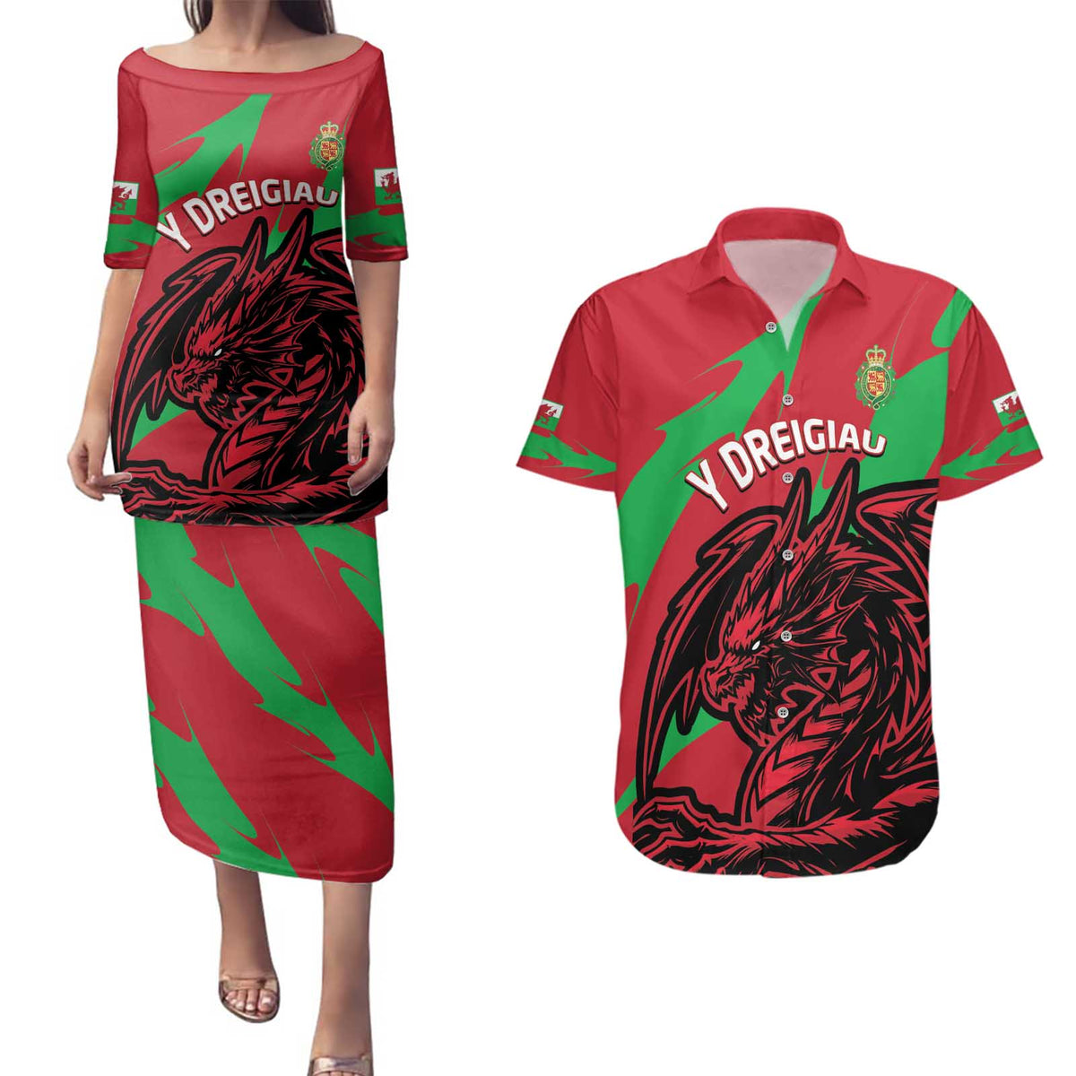 Custom Wales Football Couples Matching Puletasi and Hawaiian Shirt 2025 Welsh Y Dreigiau
