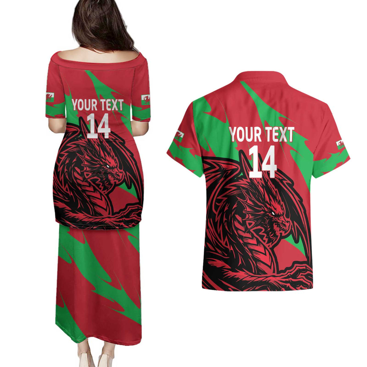 Custom Wales Football Couples Matching Puletasi and Hawaiian Shirt 2025 Welsh Y Dreigiau