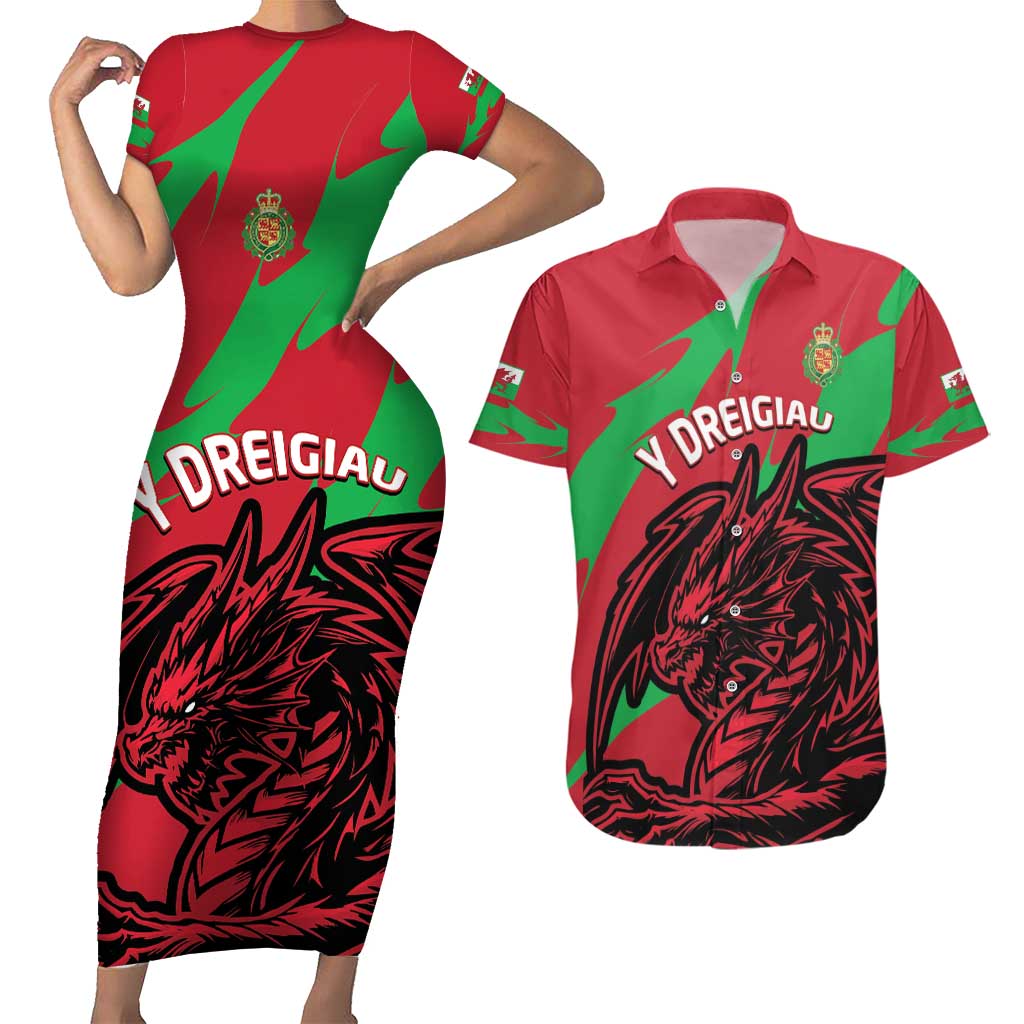 Custom Wales Football Couples Matching Short Sleeve Bodycon Dress and Hawaiian Shirt 2025 Welsh Y Dreigiau