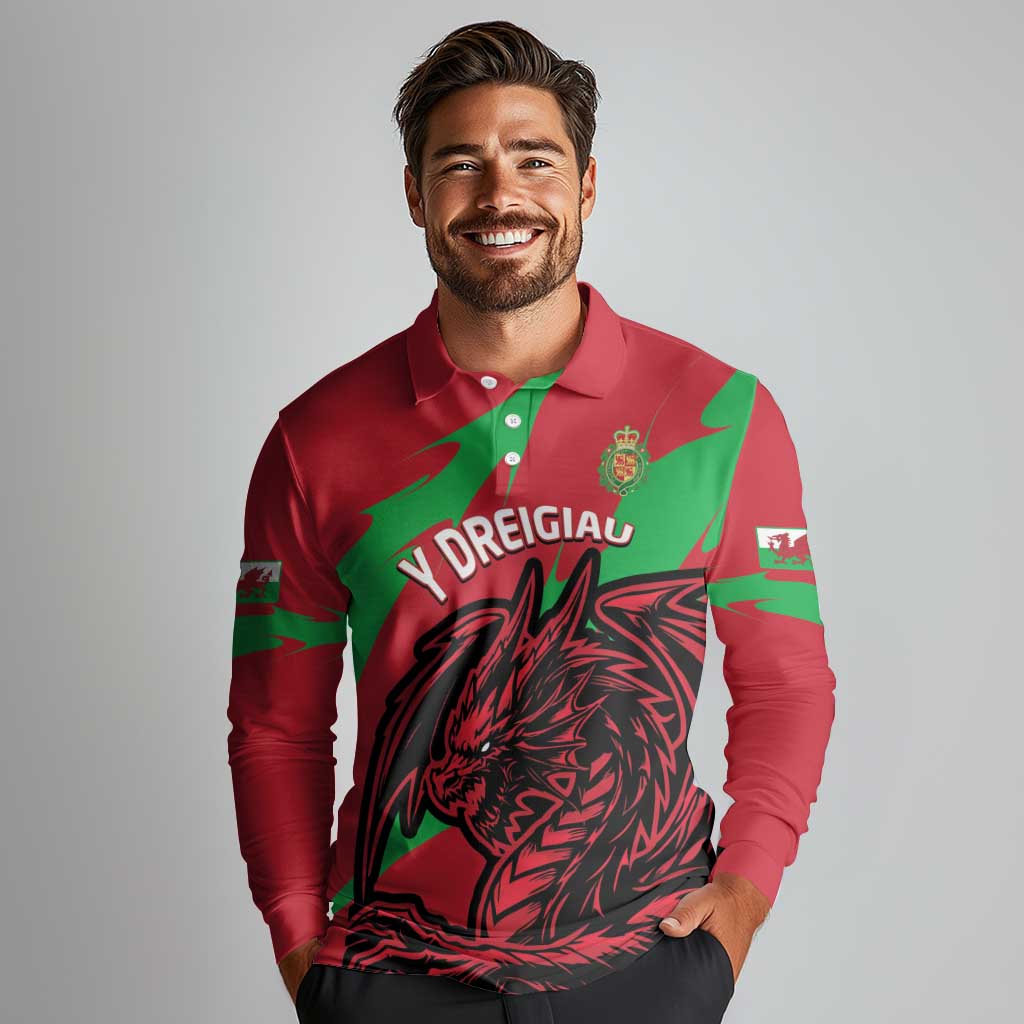 Custom Wales Football Long Sleeve Polo Shirt 2025 Welsh Y Dreigiau