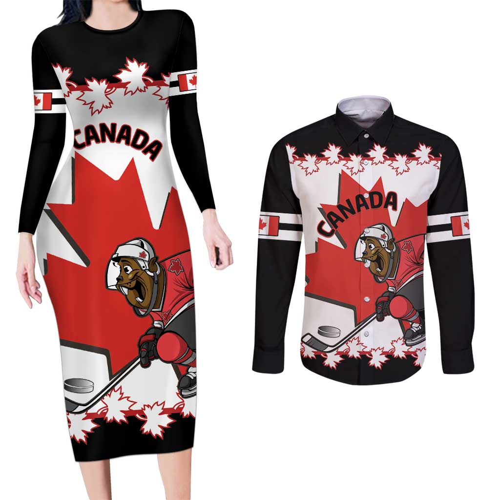 Custom Canada Ice Hockey Couples Matching Long Sleeve Bodycon Dress and Long Sleeve Button Shirt 2025 Go Champions Funny Beaver Mascot