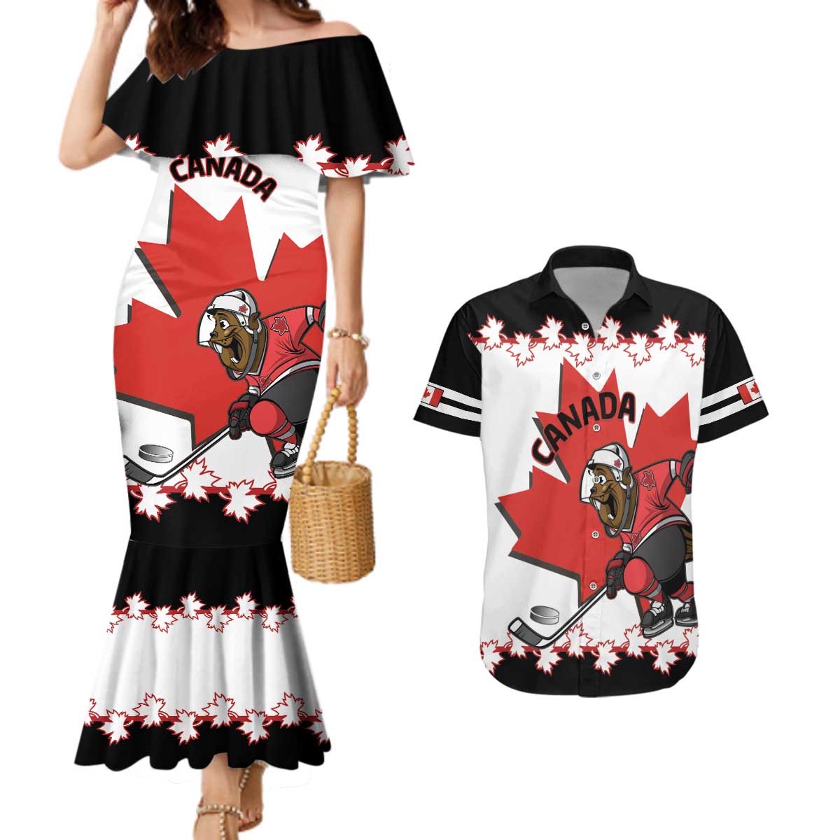 Custom Canada Ice Hockey Couples Matching Mermaid Dress and Hawaiian Shirt 2025 Go Champions Funny Beaver Mascot