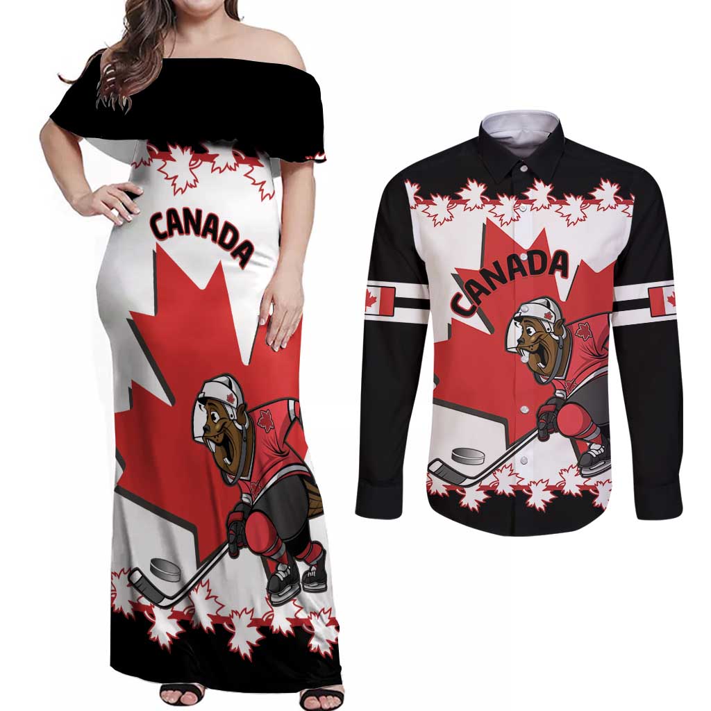 Custom Canada Ice Hockey Couples Matching Off Shoulder Maxi Dress and Long Sleeve Button Shirt 2025 Go Champions Funny Beaver Mascot