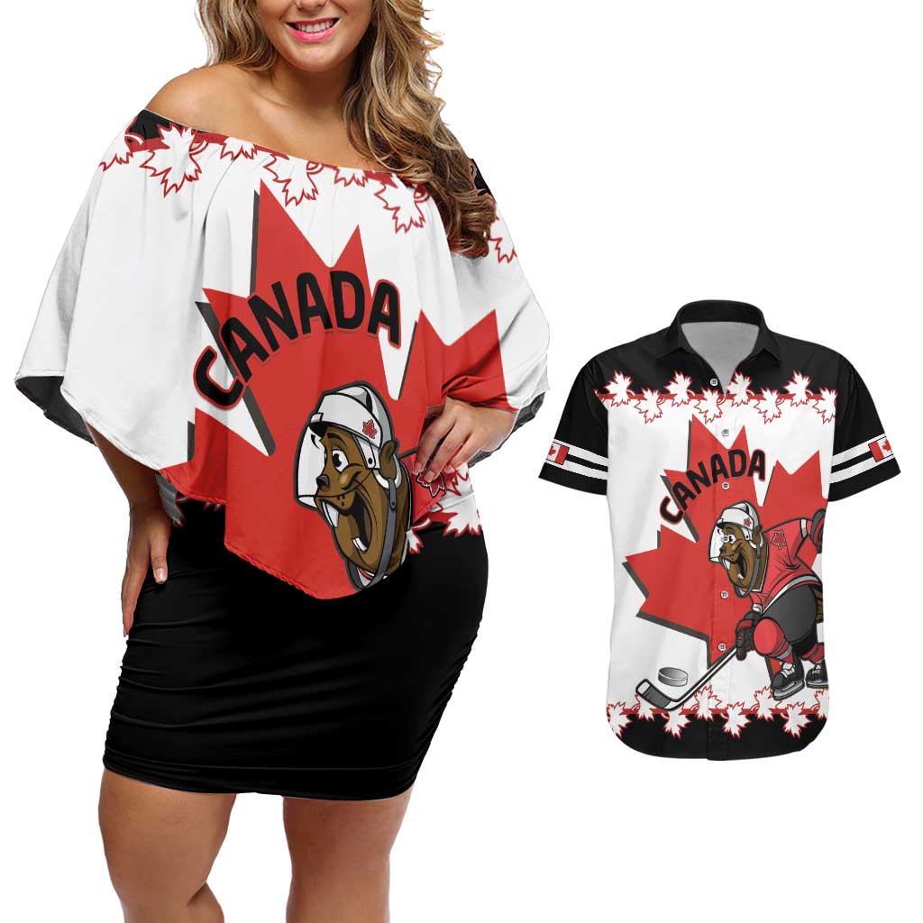 Custom Canada Ice Hockey Couples Matching Off Shoulder Short Dress and Hawaiian Shirt 2025 Go Champions Funny Beaver Mascot