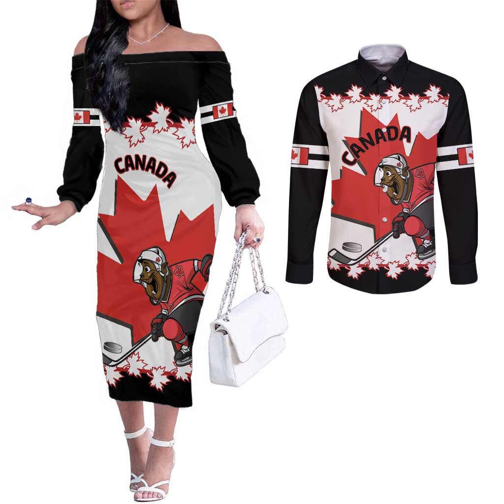 Custom Canada Ice Hockey Couples Matching Off The Shoulder Long Sleeve Dress and Long Sleeve Button Shirt 2025 Go Champions Funny Beaver Mascot