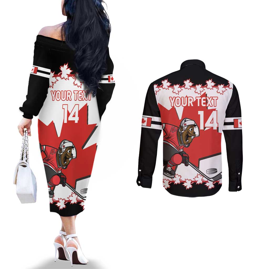 Custom Canada Ice Hockey Couples Matching Off The Shoulder Long Sleeve Dress and Long Sleeve Button Shirt 2025 Go Champions Funny Beaver Mascot