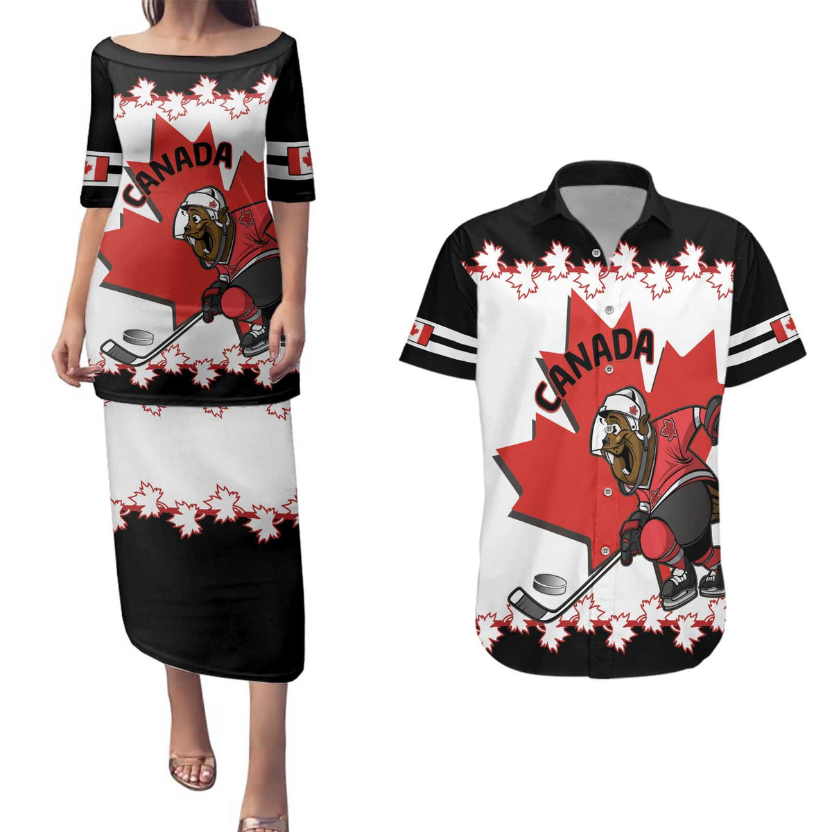 Custom Canada Ice Hockey Couples Matching Puletasi and Hawaiian Shirt 2025 Go Champions Funny Beaver Mascot