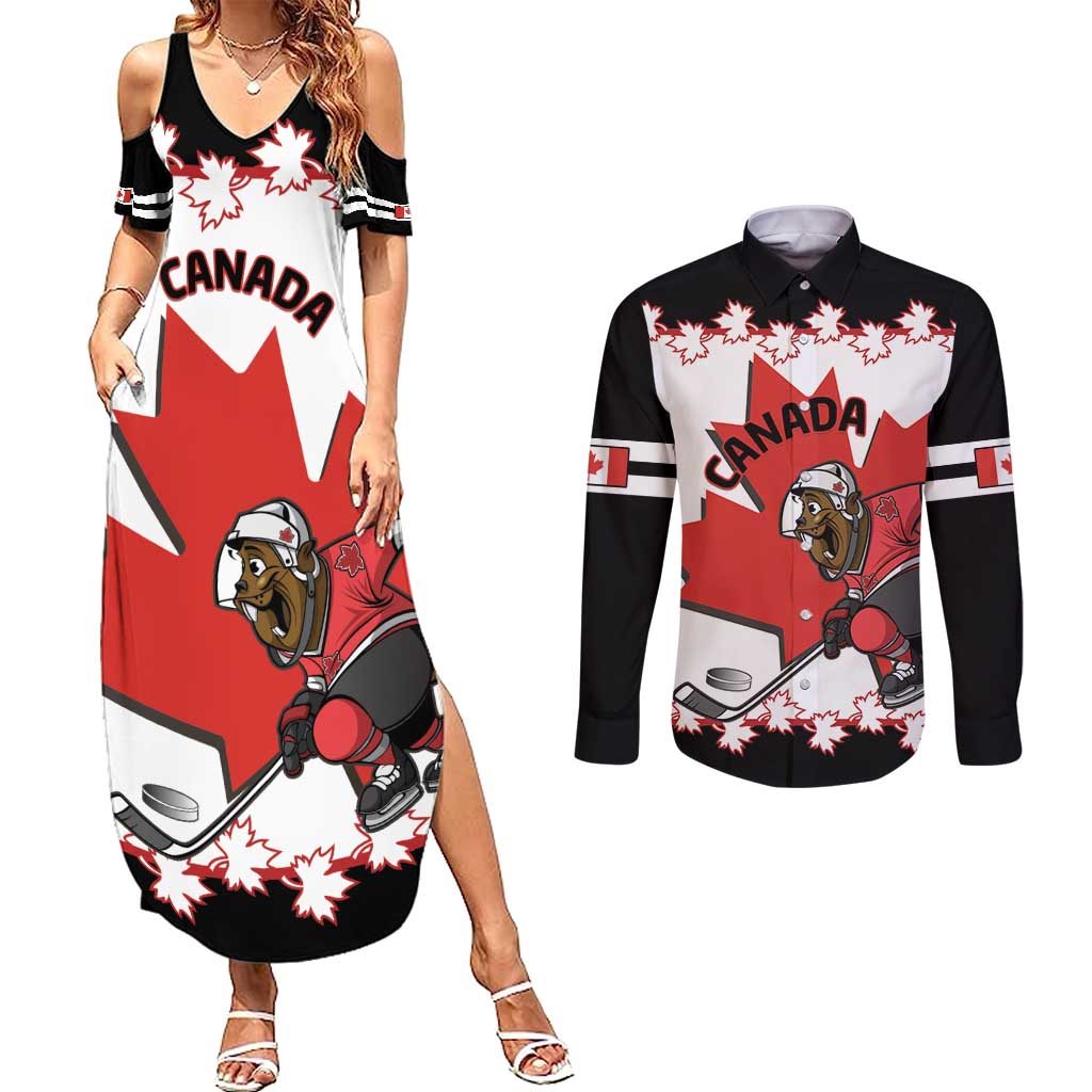 Custom Canada Ice Hockey Couples Matching Summer Maxi Dress and Long Sleeve Button Shirt 2025 Go Champions Funny Beaver Mascot