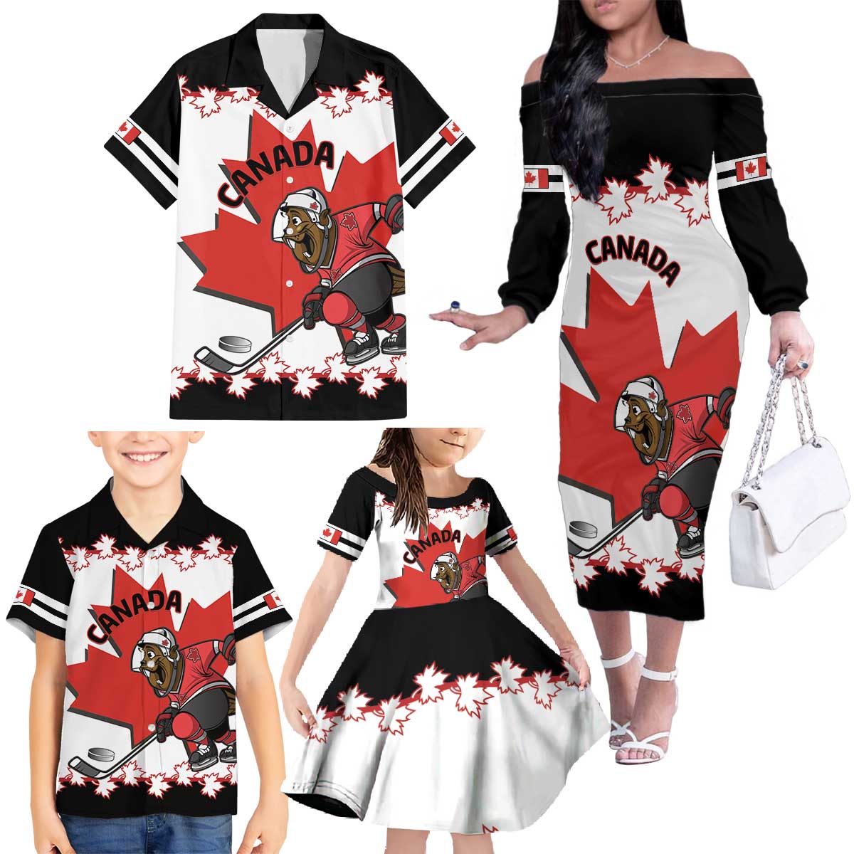 Custom Canada Ice Hockey Family Matching Off The Shoulder Long Sleeve Dress and Hawaiian Shirt 2025 Go Champions Funny Beaver Mascot