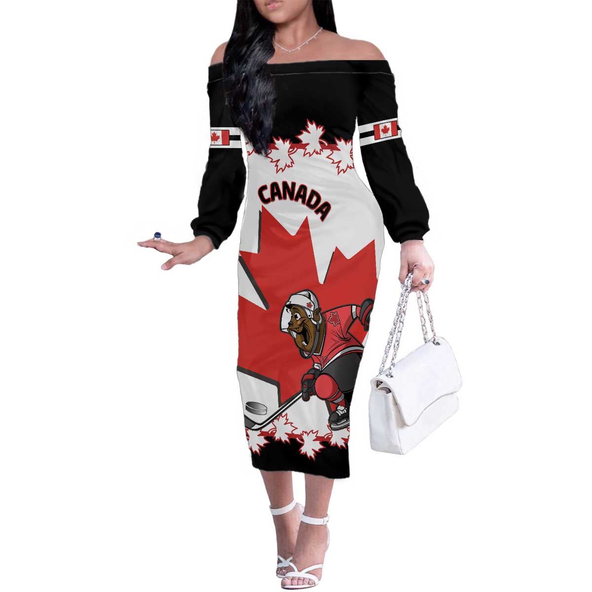 Custom Canada Ice Hockey Family Matching Off The Shoulder Long Sleeve Dress and Hawaiian Shirt 2025 Go Champions Funny Beaver Mascot