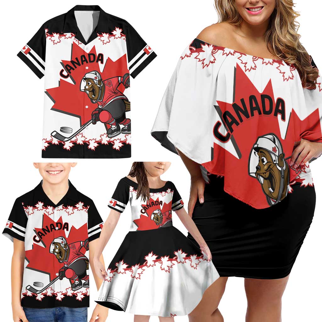 Custom Canada Ice Hockey Family Matching Off Shoulder Short Dress and Hawaiian Shirt 2025 Go Champions Funny Beaver Mascot