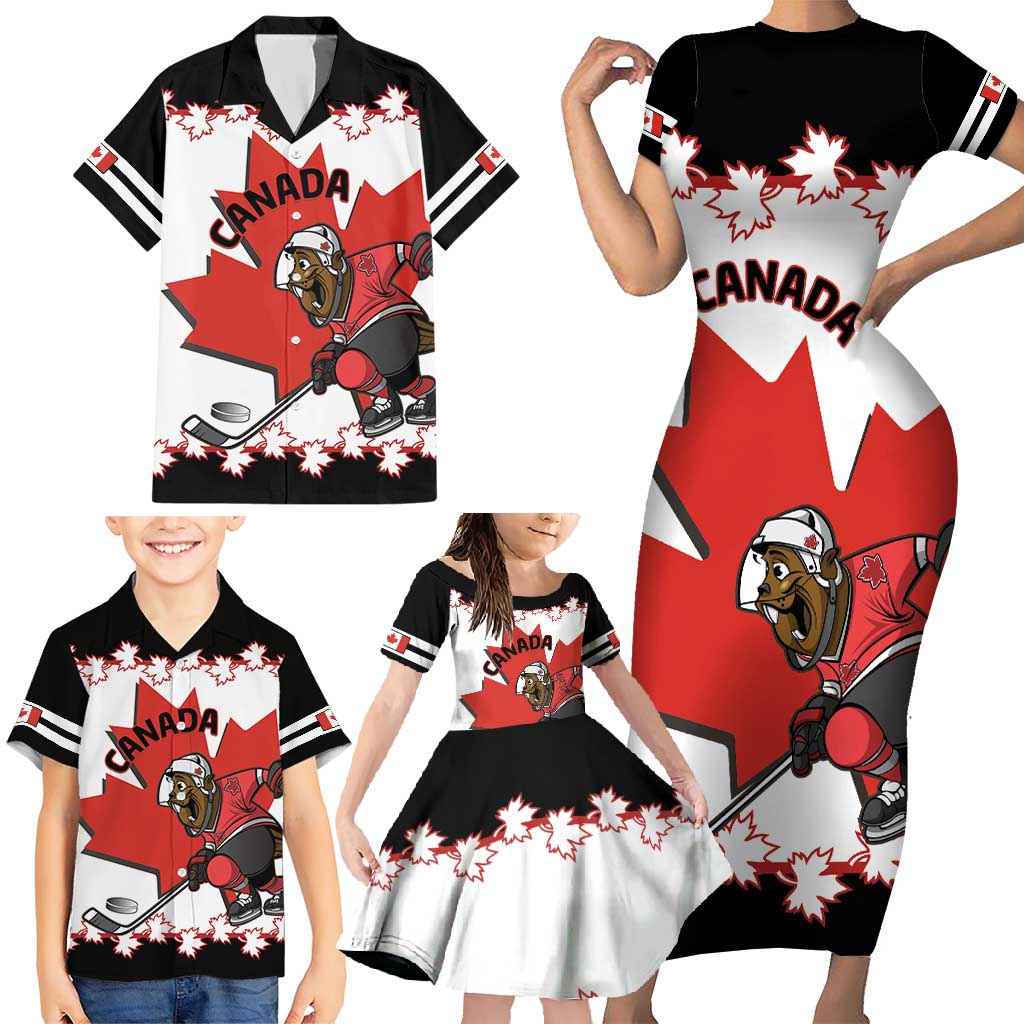 Custom Canada Ice Hockey Family Matching Short Sleeve Bodycon Dress and Hawaiian Shirt 2025 Go Champions Funny Beaver Mascot
