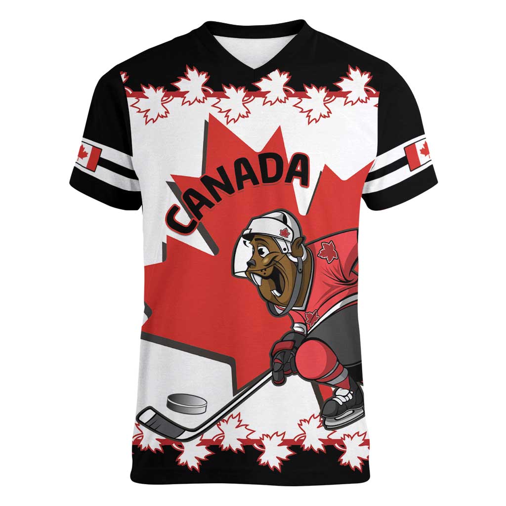 Custom Canada Ice Hockey Women V-Neck T-Shirt 2025 Go Champions Funny Beaver Mascot