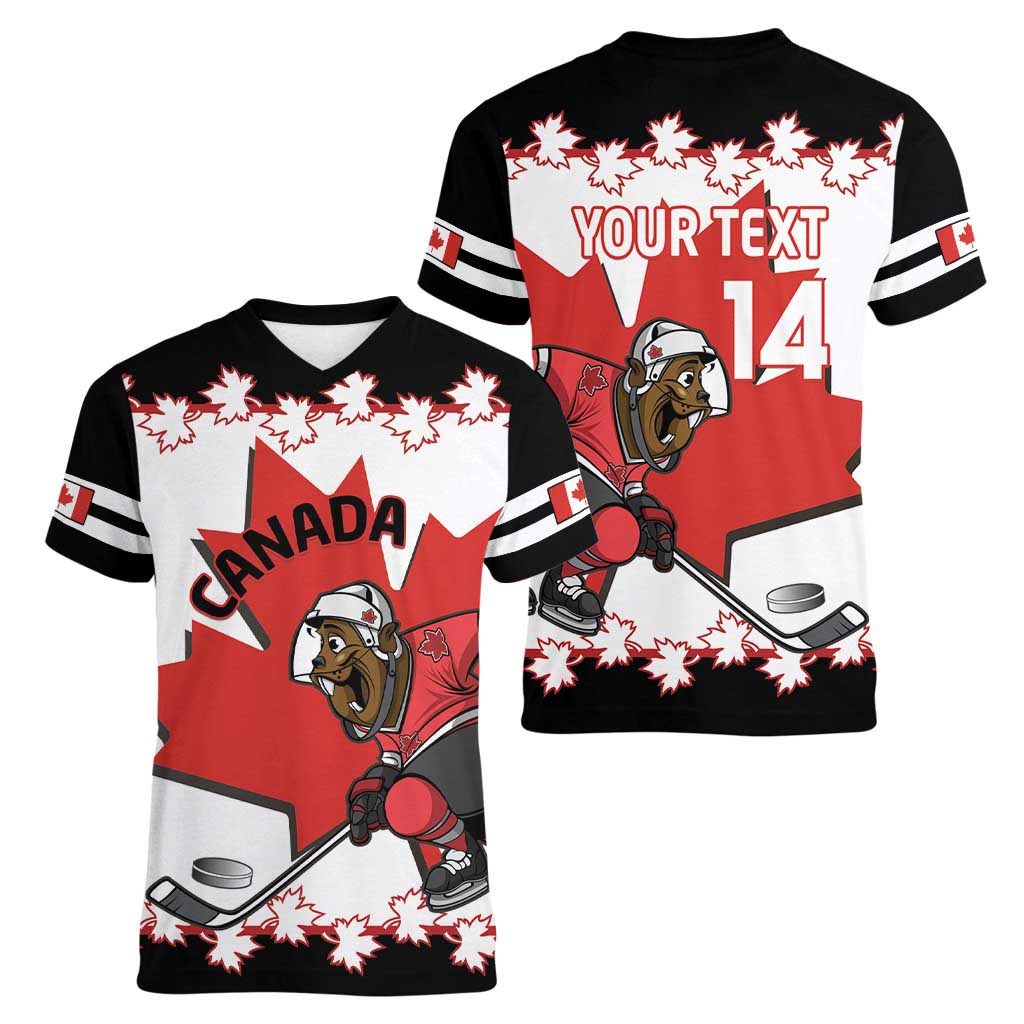 Custom Canada Ice Hockey Women V-Neck T-Shirt 2025 Go Champions Funny Beaver Mascot