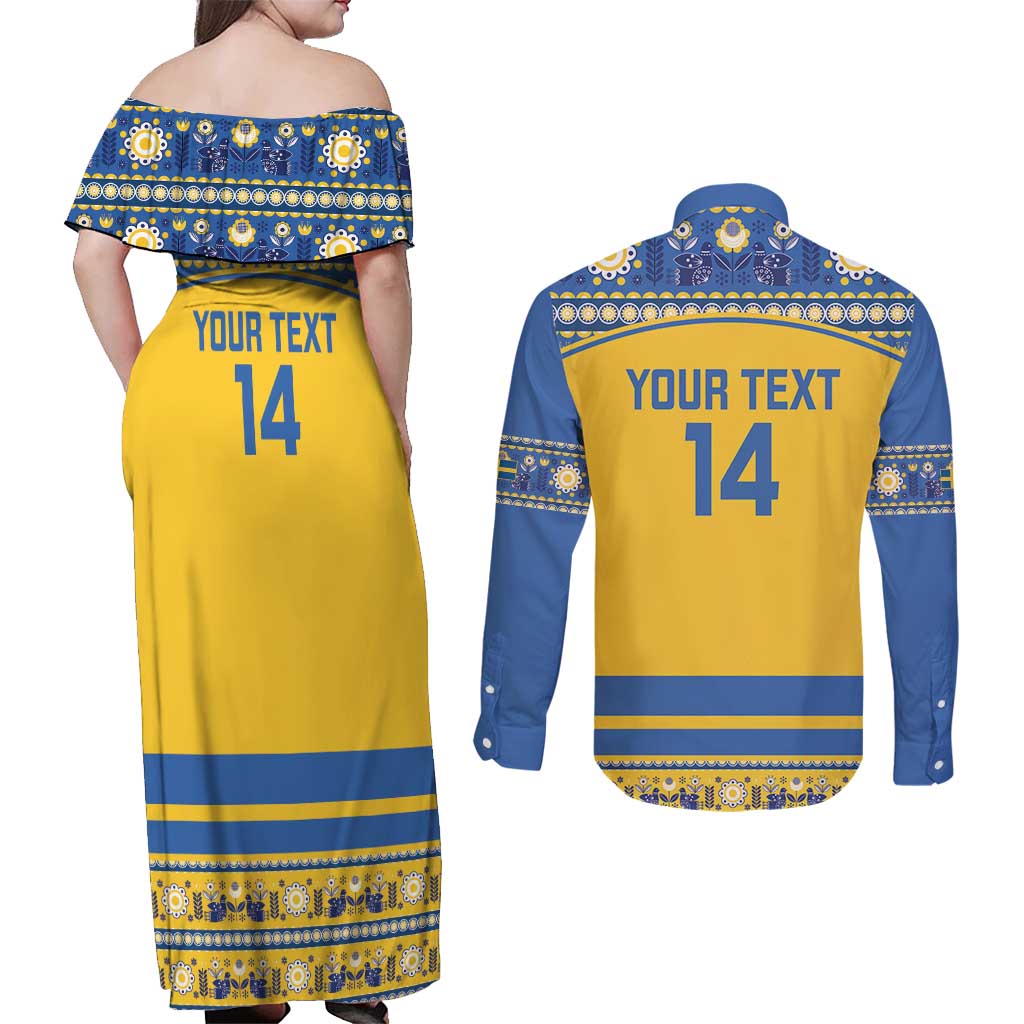 Custom Sweden Ice Hockey Couples Matching Off Shoulder Maxi Dress and Long Sleeve Button Shirt 2025 Go Champions Tre Kronor