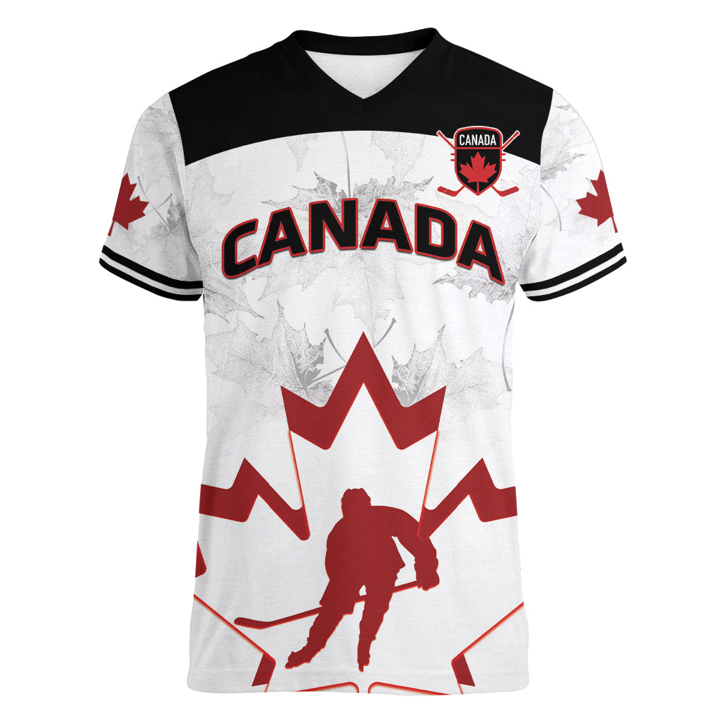 Custom Canada Hockey Women V Neck T Shirt 2024 Go Maple Leaf - Wonder Print Shop