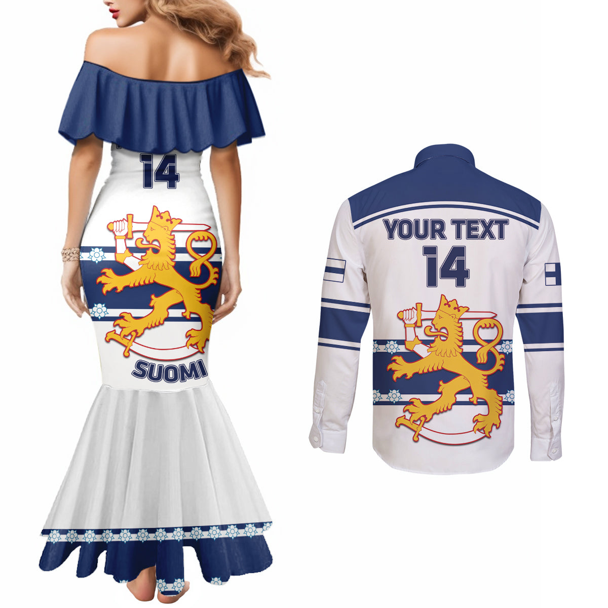 Custom Finland Hockey Couples Matching Mermaid Dress and Long Sleeve Button Shirt 2024 Go Suomi