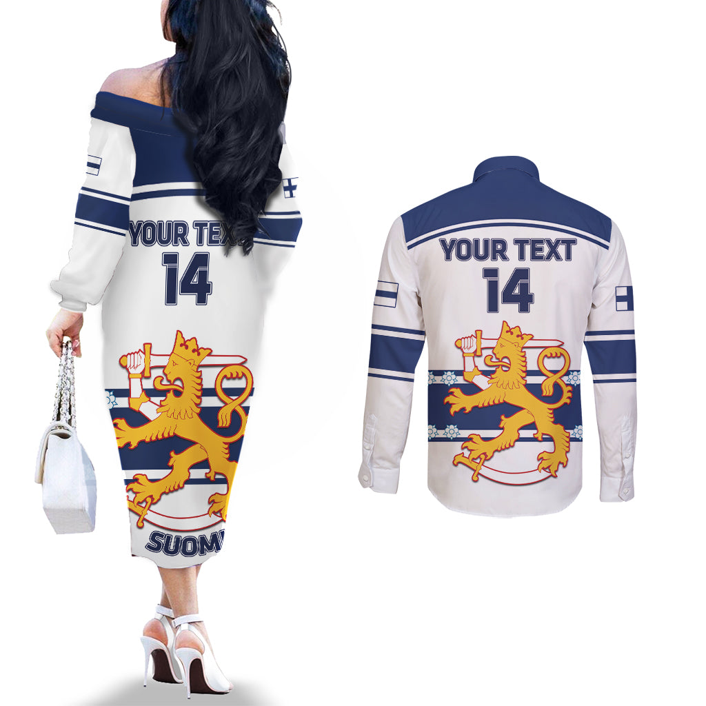 Custom Finland Hockey Couples Matching Off The Shoulder Long Sleeve Dress and Long Sleeve Button Shirt 2024 Go Suomi