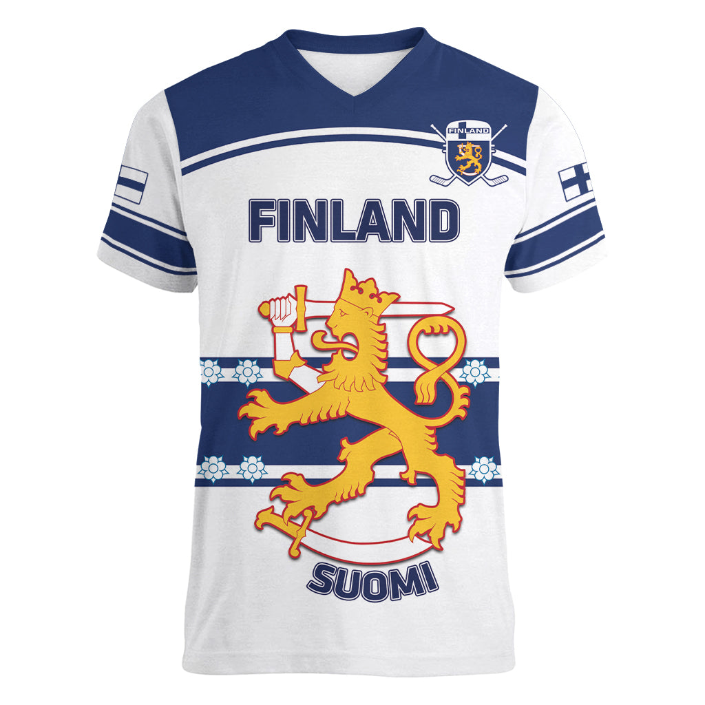 Custom Finland Hockey Women V Neck T Shirt 2024 Go Suomi - Wonder Print Shop