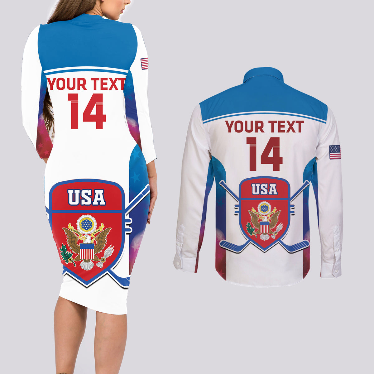 Custom United States Hockey Couples Matching Long Sleeve Bodycon Dress and Long Sleeve Button Shirt 2024 Go USA - Wonder Print Shop