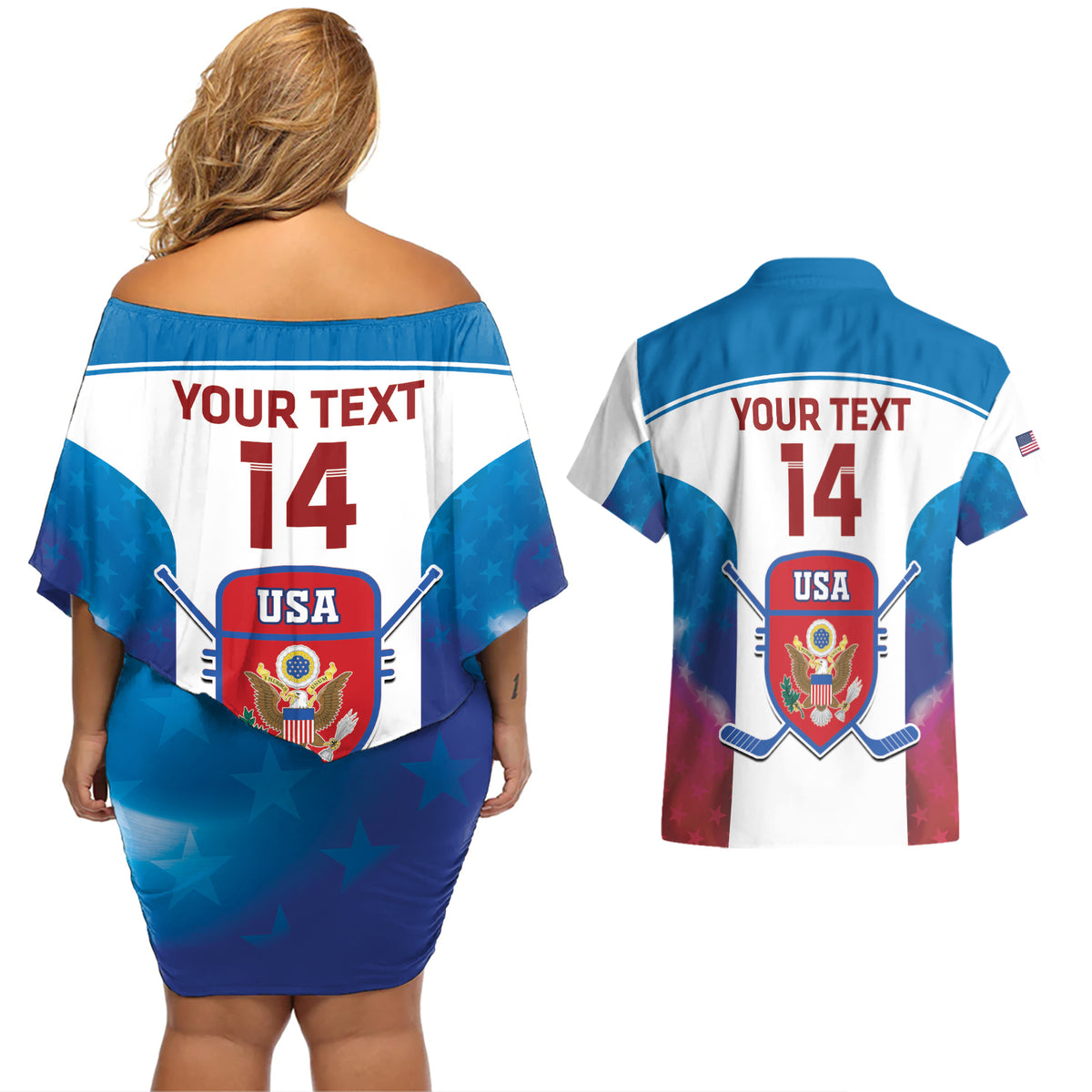 Custom United States Hockey Couples Matching Off Shoulder Short Dress and Hawaiian Shirt 2024 Go USA - Wonder Print Shop