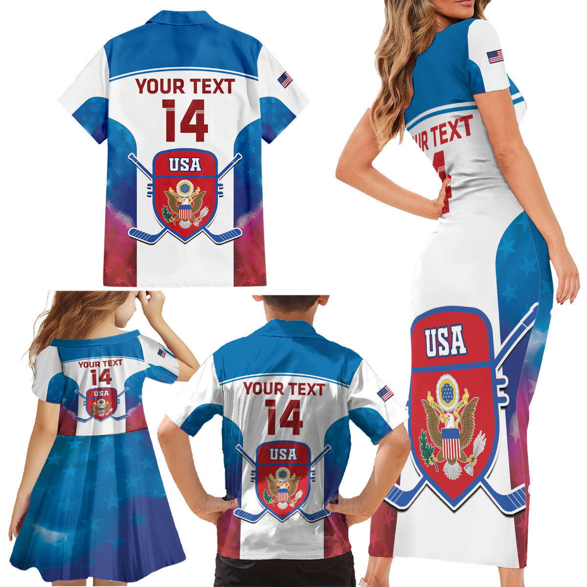 Custom United States Hockey Family Matching Short Sleeve Bodycon Dress and Hawaiian Shirt 2024 Go USA - Wonder Print Shop