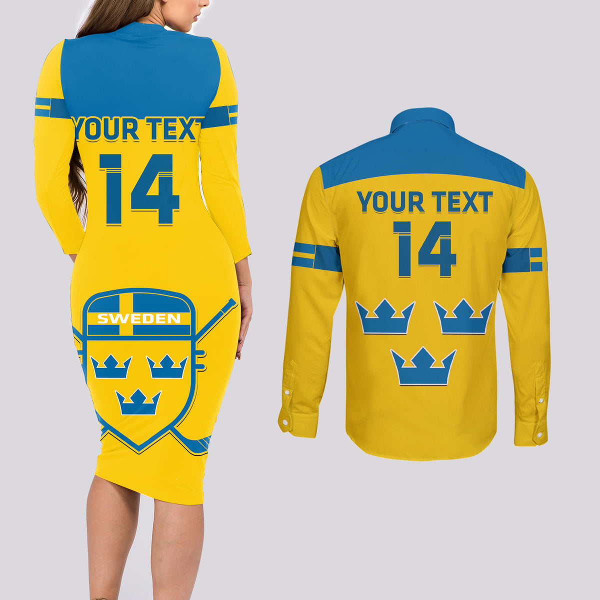 Custom Sweden Hockey Couples Matching Long Sleeve Bodycon Dress and Long Sleeve Button Shirt 2024 Go Swedish - Wonder Print Shop